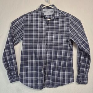 Killer Mens Navy Blue White Plaid Button Down Shirt Long Sleeve Cotton Large